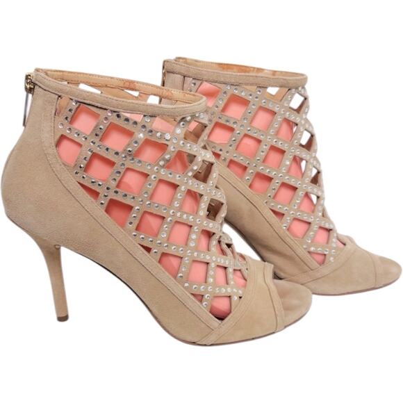 Michael Kors Yvonne Size 8.5M Yvonne Peep Toe Beige Bedazzled Zip Up High Heels - Picture 1 of 9